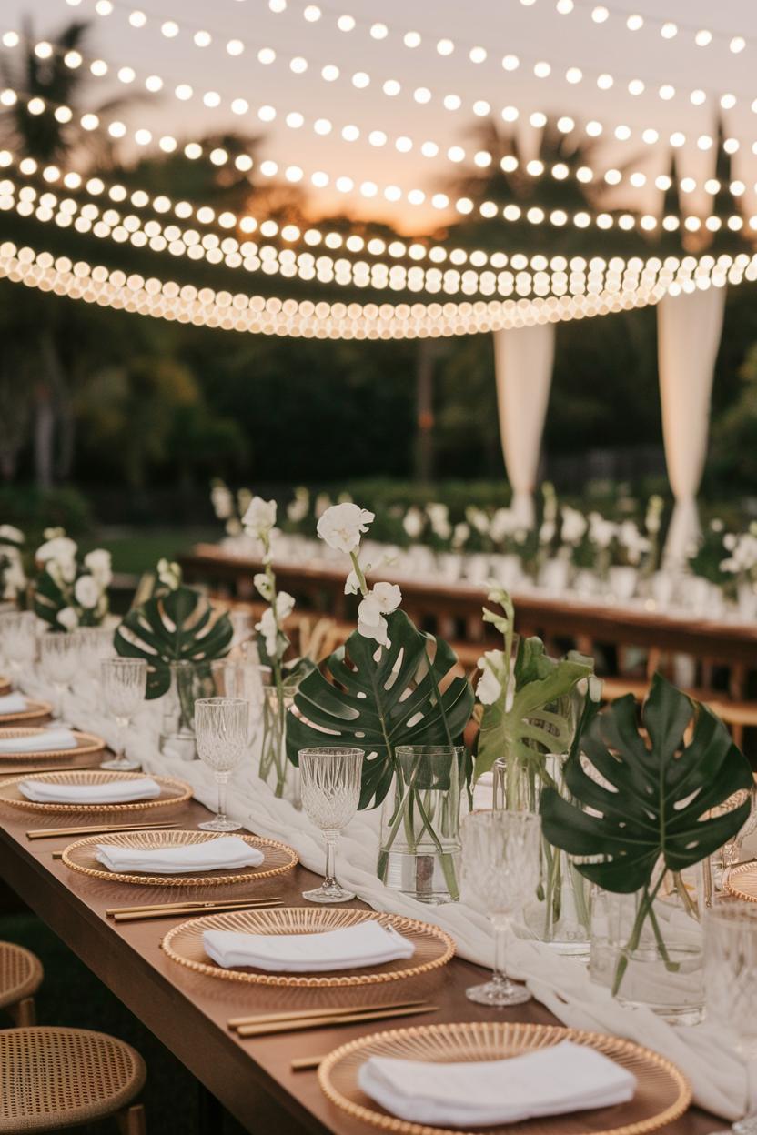 String lights glowing over a tropical wedding table with monstera leaves