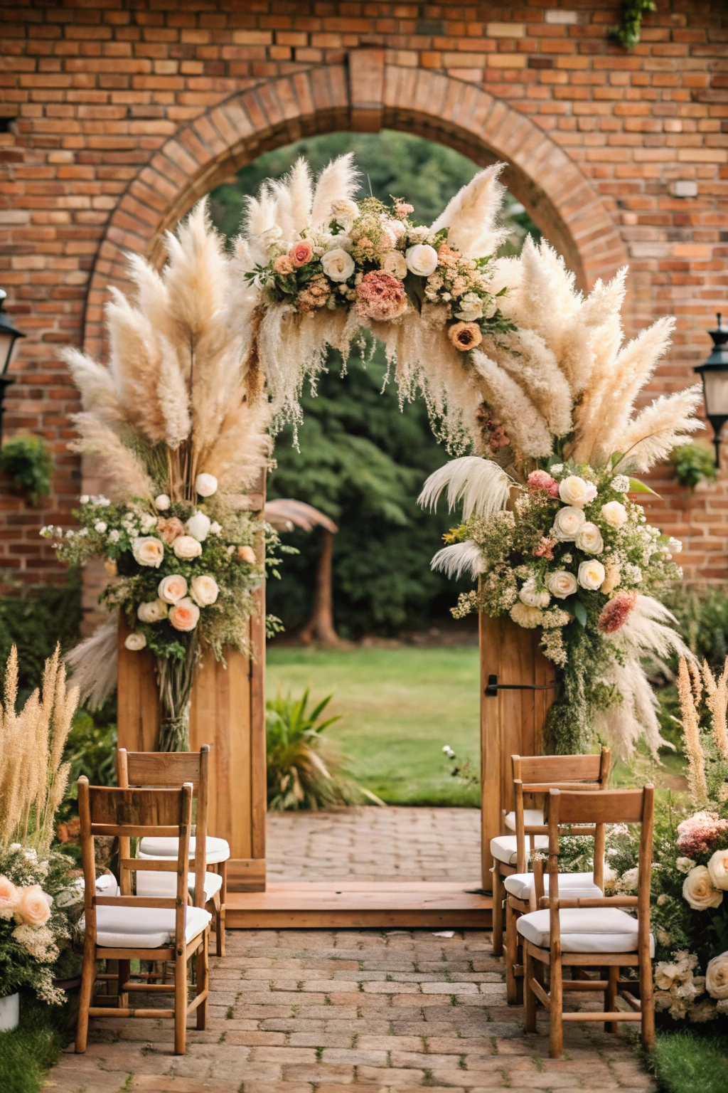 Outdoor arch adorned with pampas and roses