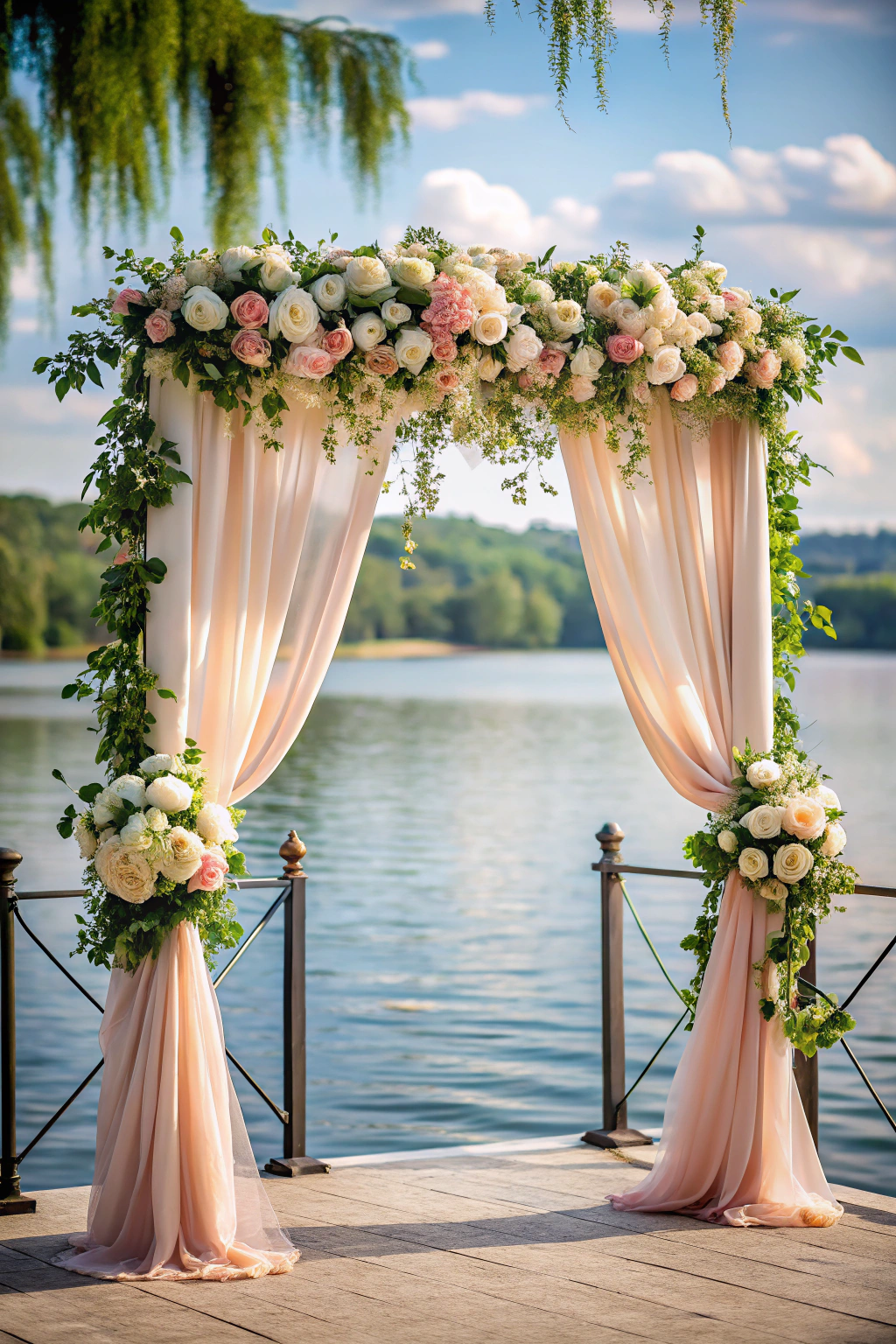 Floral wedding arch by the lake with pale pink drapes