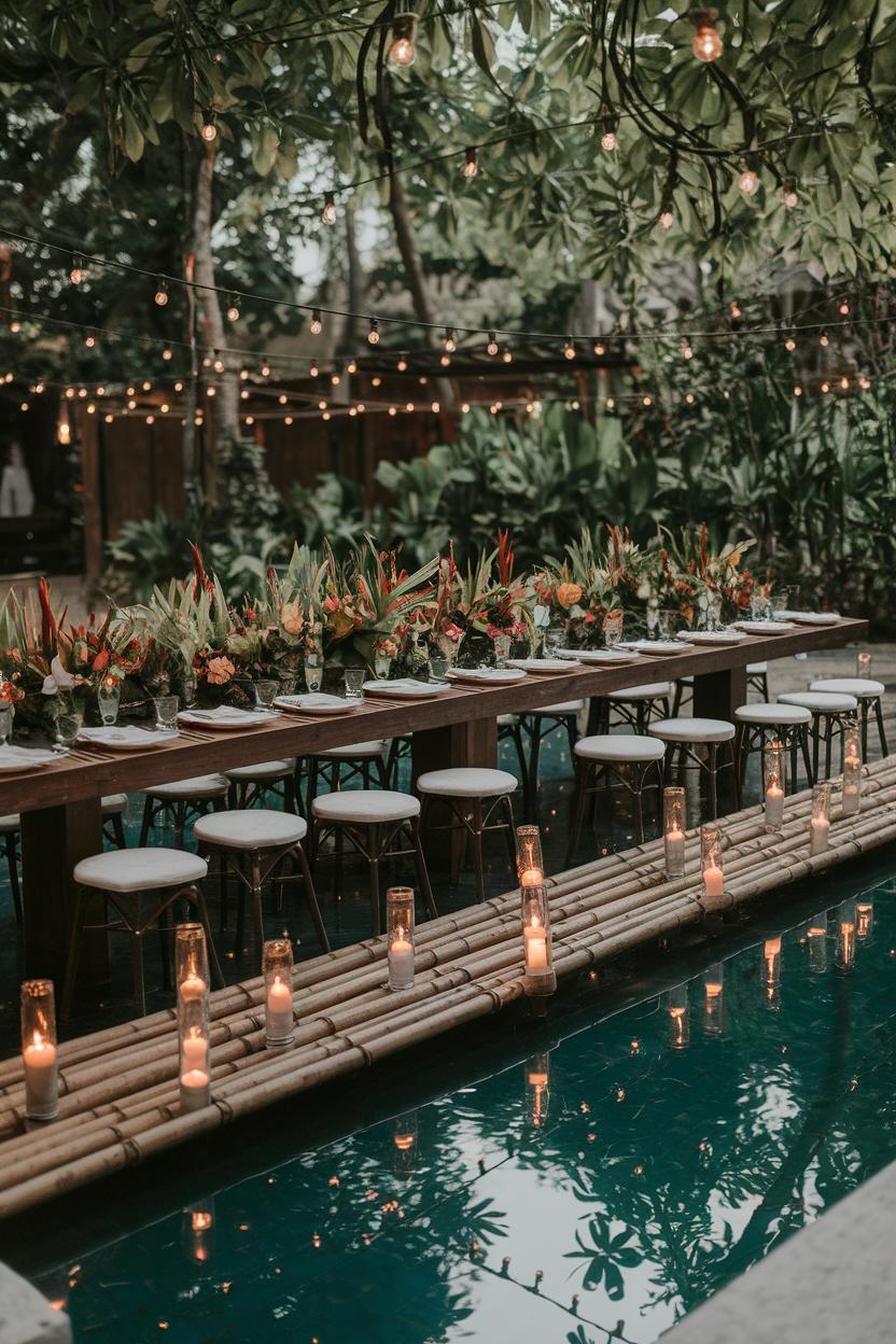 A beautifully decorated tropical wedding table by a pool