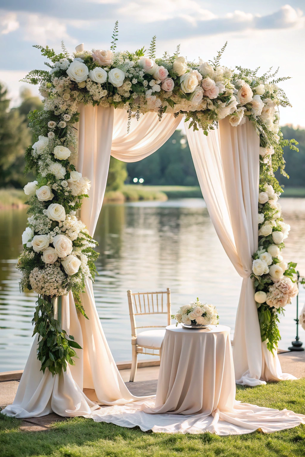 Floral arch with draped fabric by a lakeside