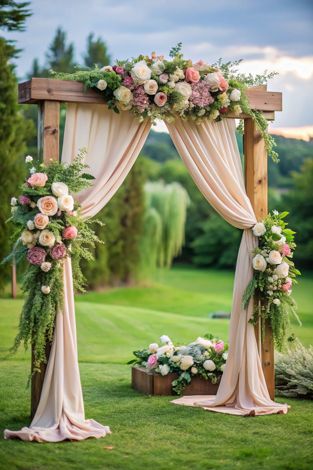 Wooden arch adorned with lush flowers and delicate drapes