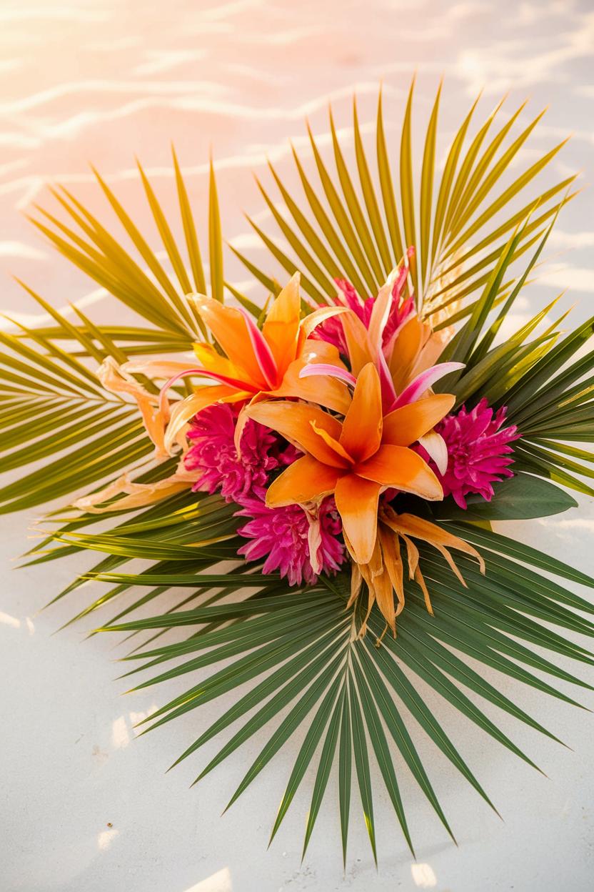 Vibrant tropical flower arrangement with palm leaves