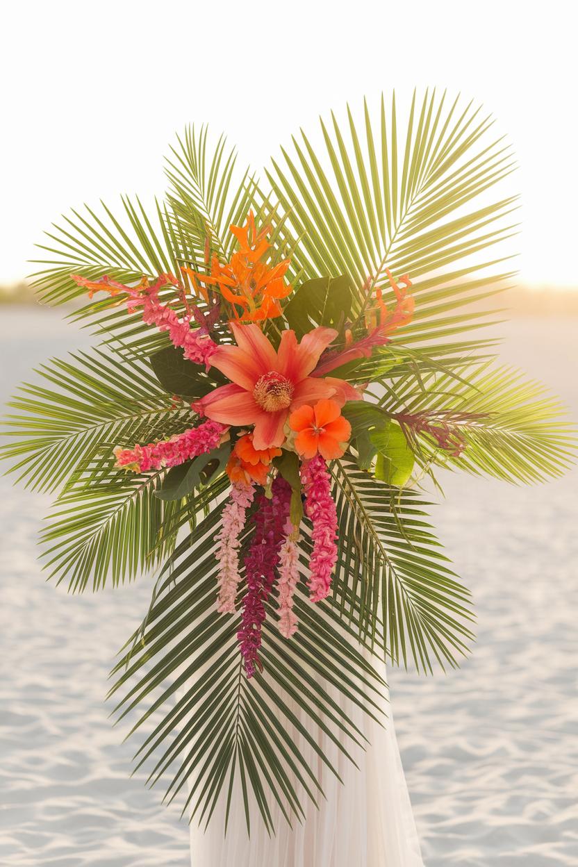 Vibrant tropical flower arrangement on the beach