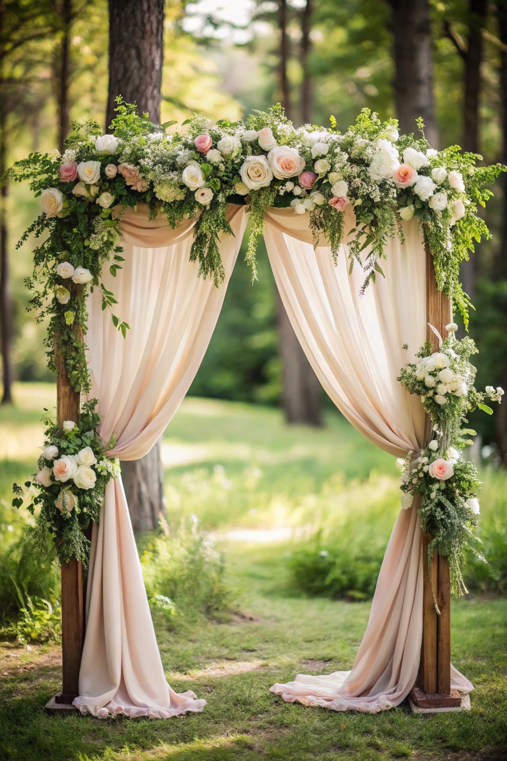 Outdoor wedding arch with floral accents and draped fabric