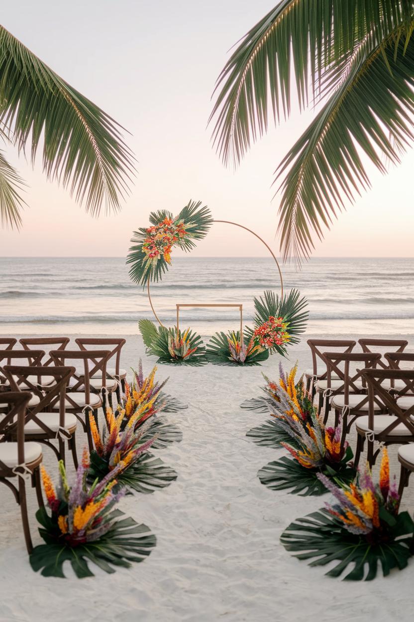 Beachside wedding arch framed by tropical flowers and palm leaves