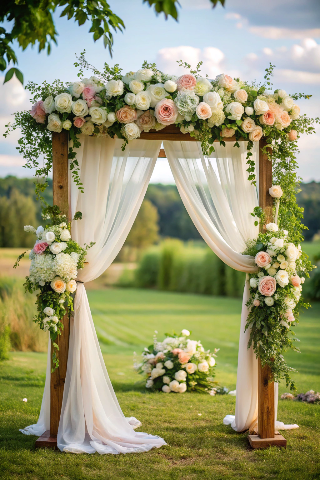 Floral arch with ivory drapes on a grassy field