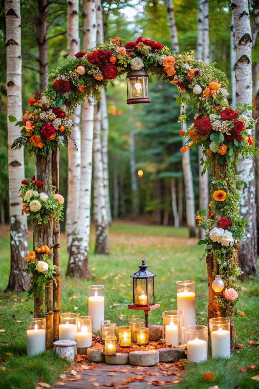 Rustic floral arch with candles in a forest setting