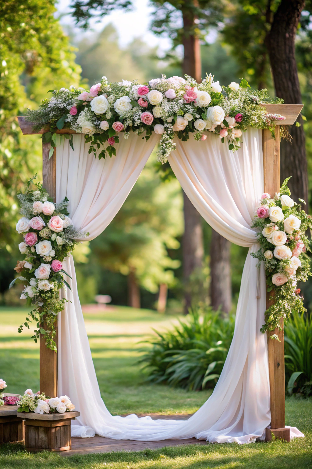 Wooden arch adorned with white and pink roses