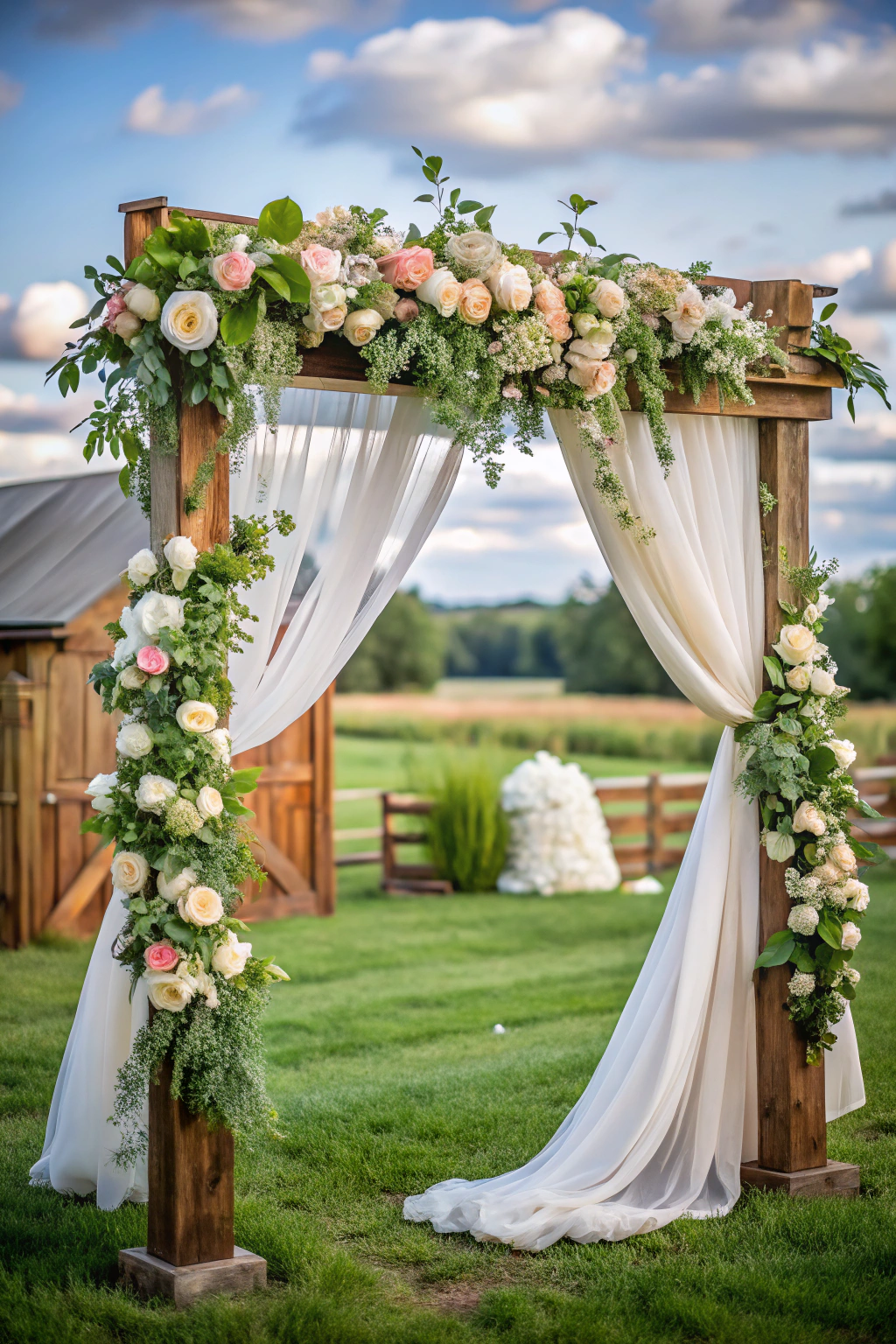 Outdoor wooden wedding arch with floral arrangements