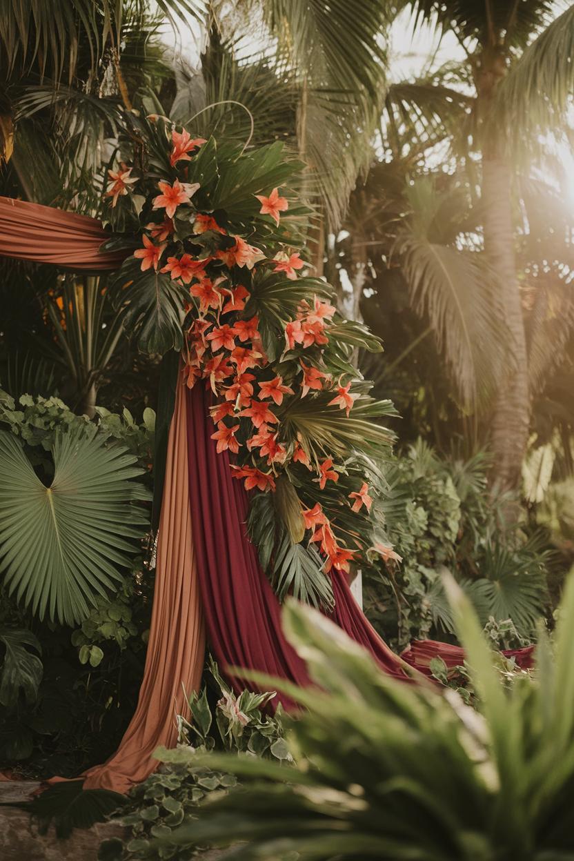 Lush floral arrangement draped with tropical fabric