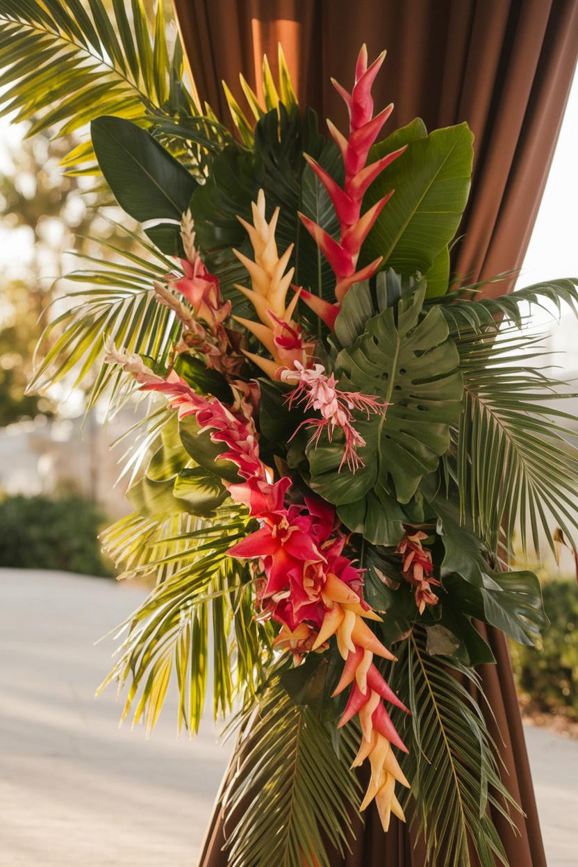 Tropical floral arrangement with vibrant heliconias and lush greenery